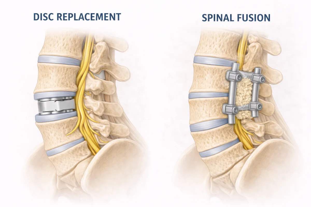 Disc replacement versus spinal fusion comparison illustration