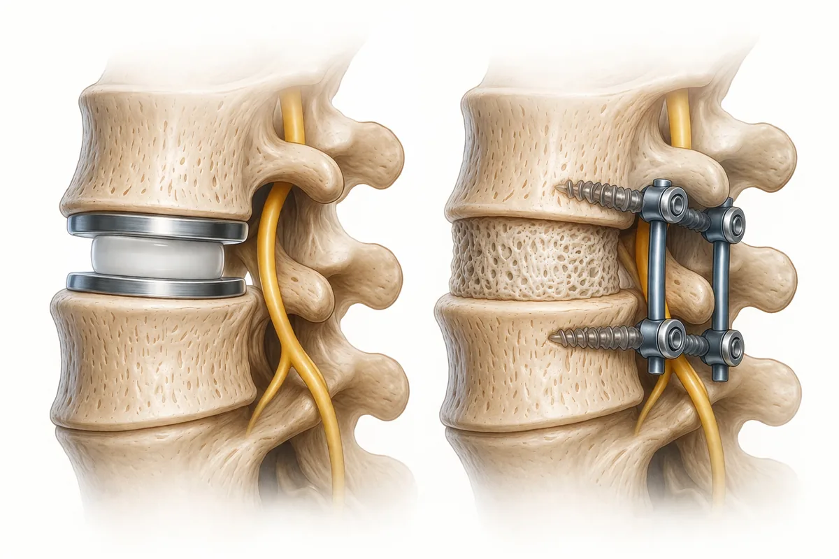 Disc replacement versus fusion comparison illustration