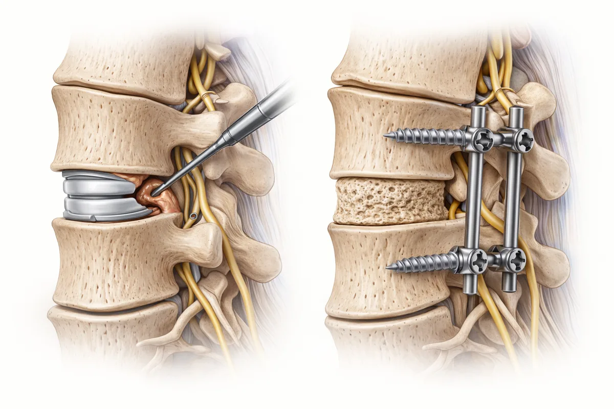 Microdiscectomy versus fusion comparison illustration